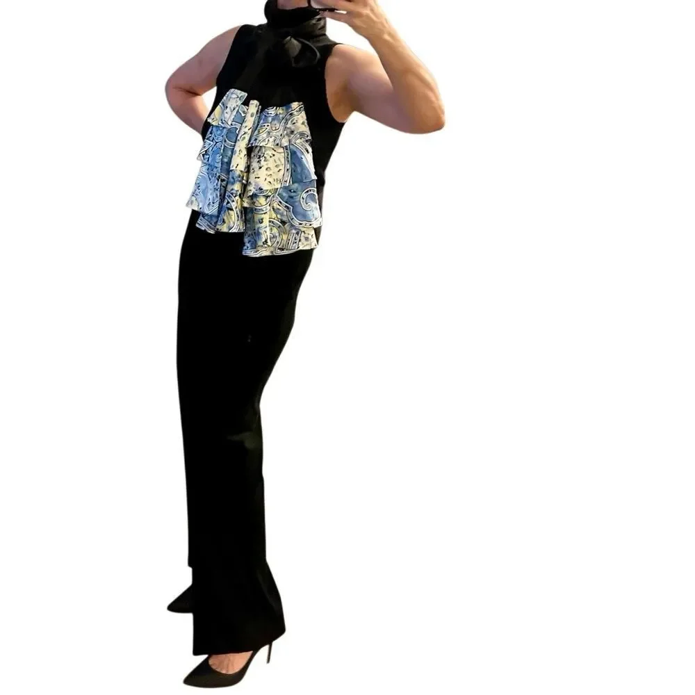 Carlisle Elegant Black Silk Cape Scarf Wrap Blue White Floral Paisley Hem Ruffle